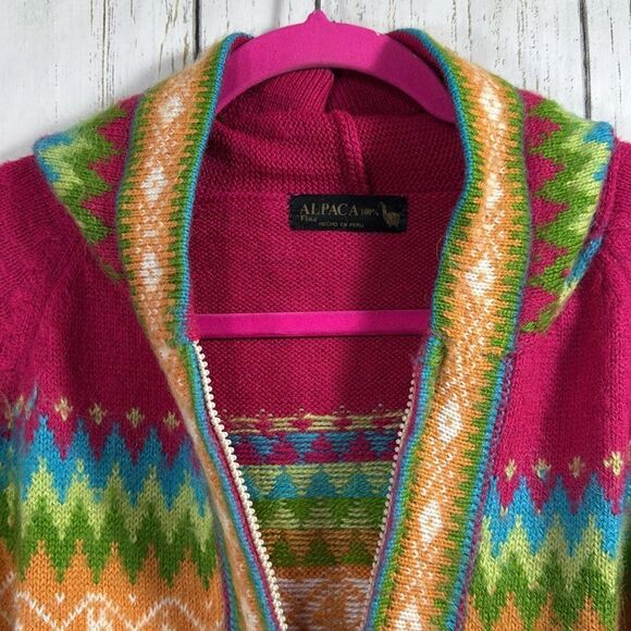 Alpaca Fina 100% Alpaca Handmade Peru Hooded Zip Sweater Cardigan Cozy Winter - Picture 2 of 15